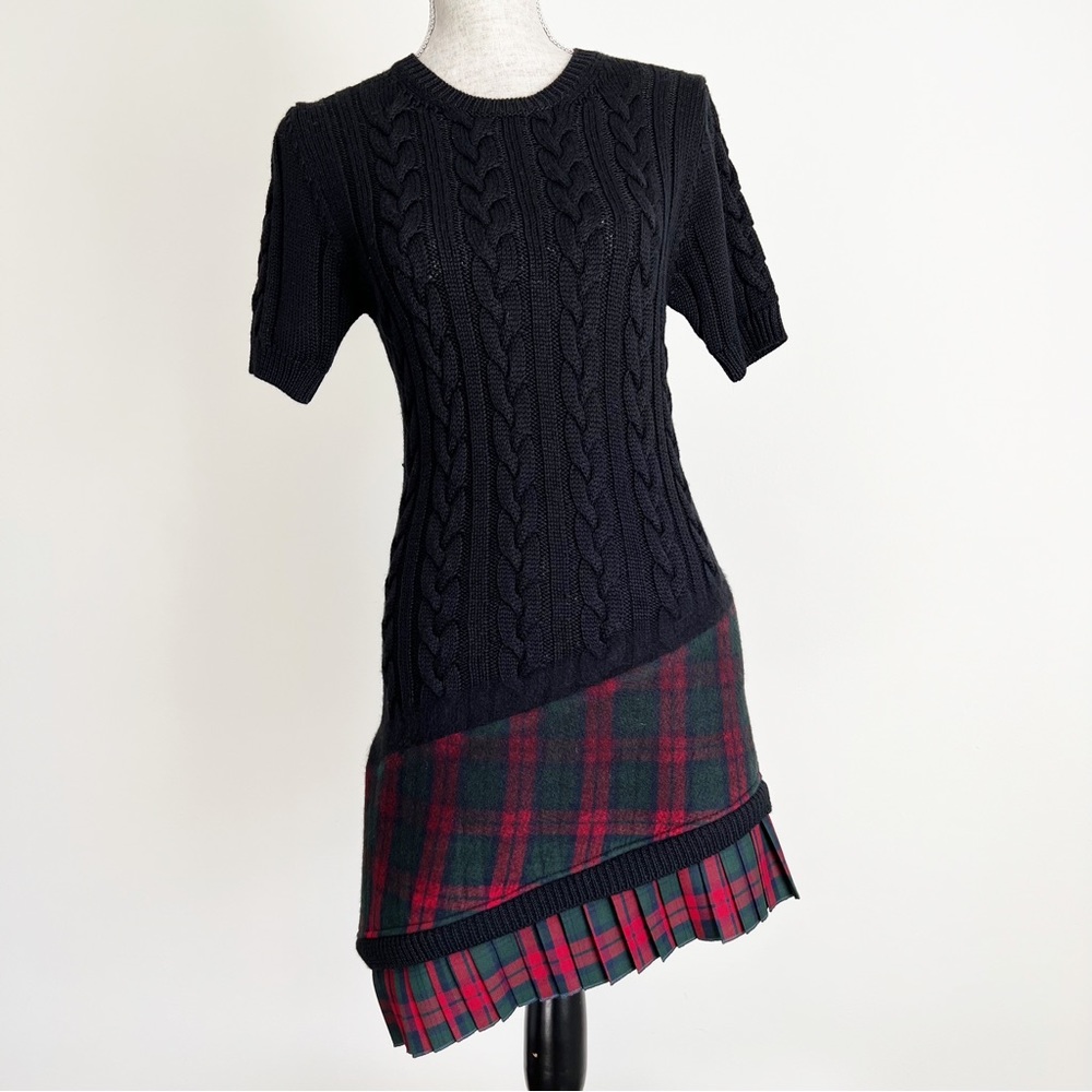 Versus Versace Plaid Pleated Wool Cable Knit Asymmetrical Sweater Dress